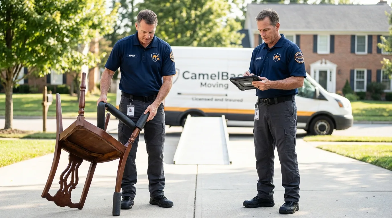 Movers inspecting furniture for damage prevention before loading in Nezperce, ID