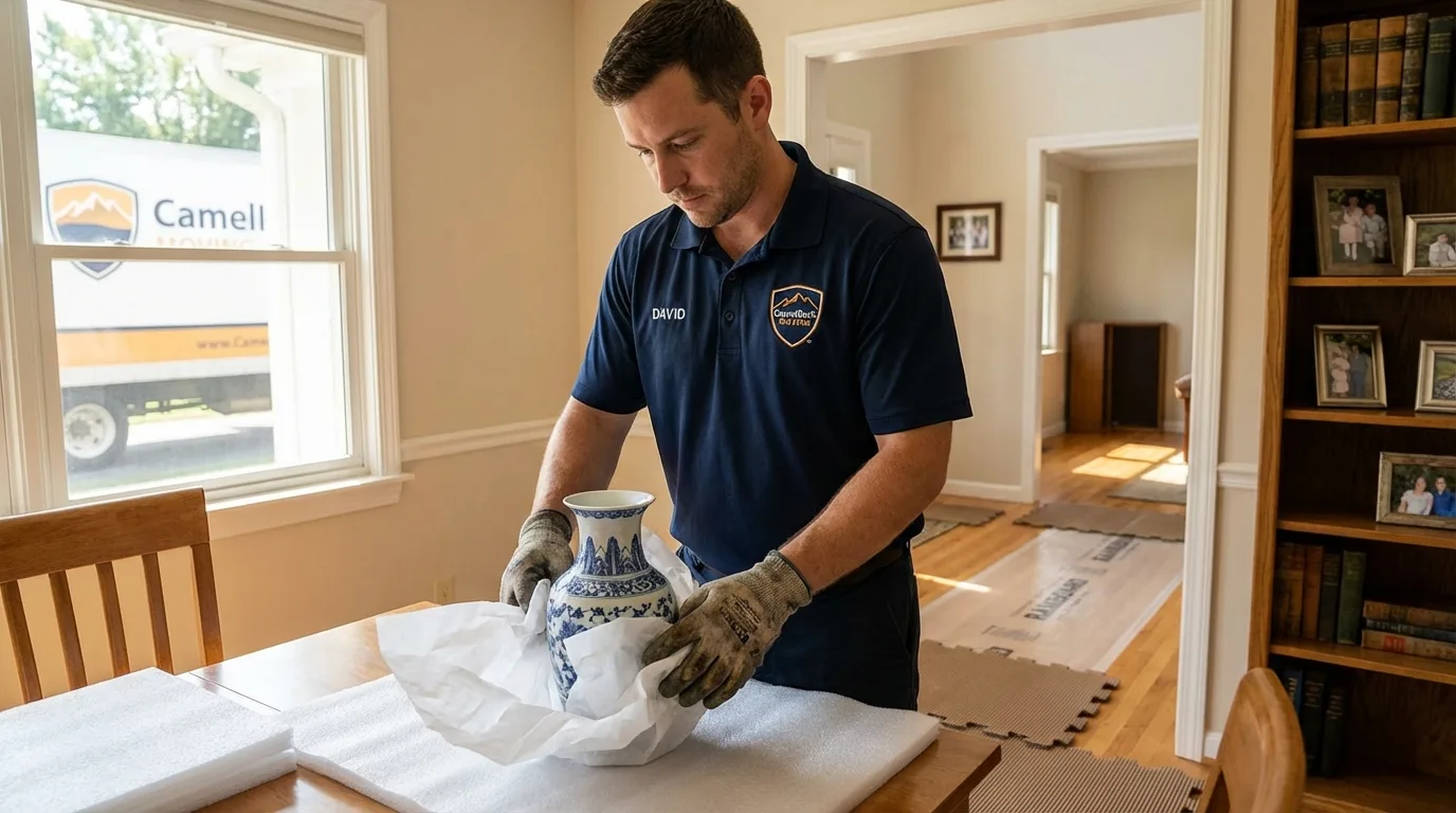 Professional crew carefully wrapping antique vase for senior downsizing move in Nezperce, ID